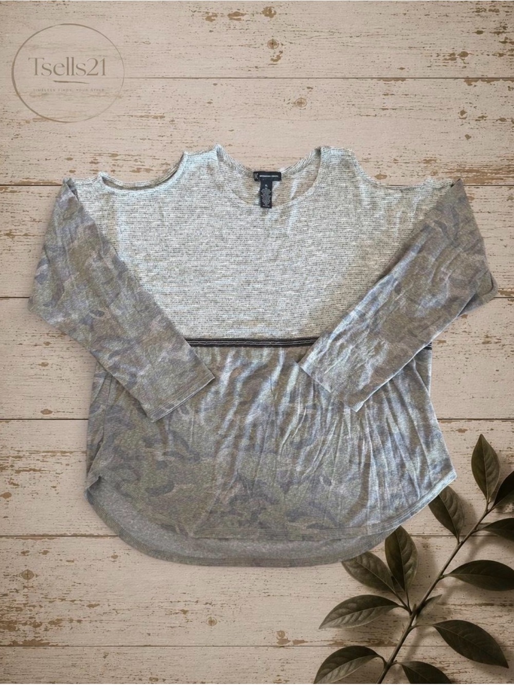 INC International Concepts Grey Camo Cold-Shoulder Top - Size XL